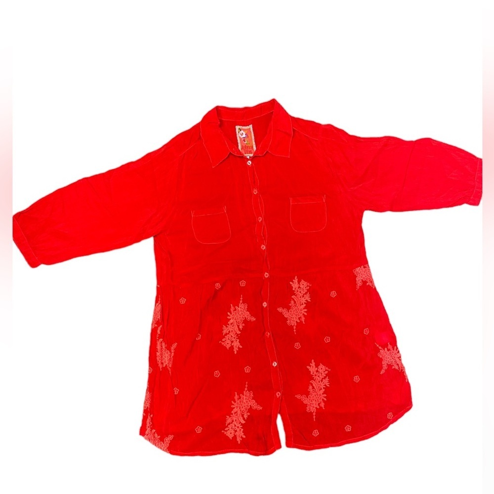 Johnny Was Red Embroidered Button Down Tunic Size Small